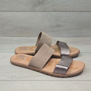 Sorel Women's Two Strap Sandals Taupe Metallic Slide Shoes Sz 9
